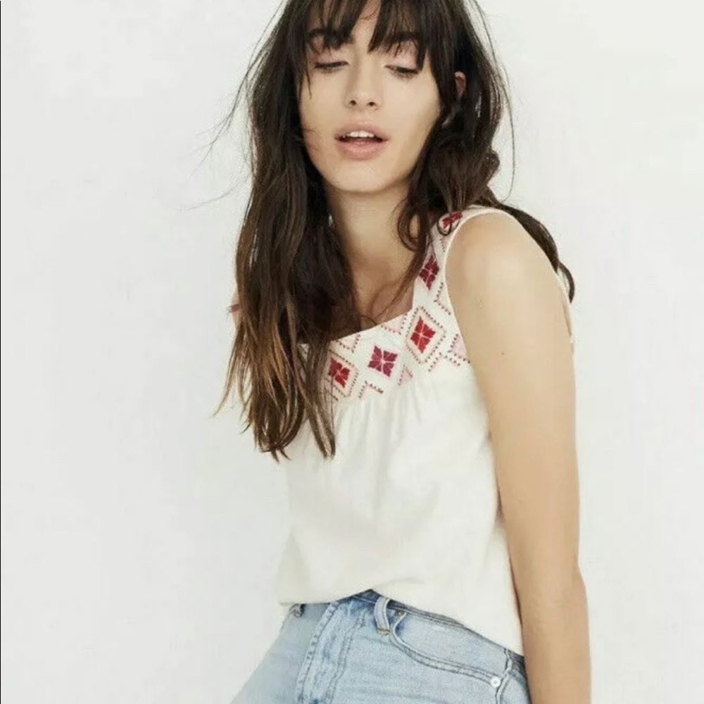 Madewell White and Red Embroideried Tank Top
